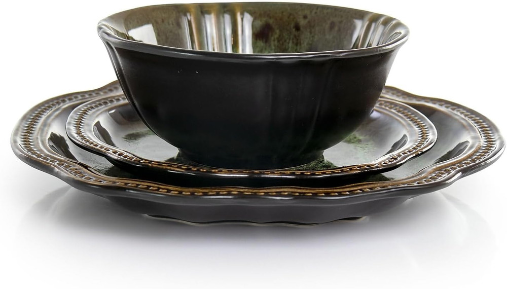 Stoneware round Oval Dinnerware Dish Set, Jade Green