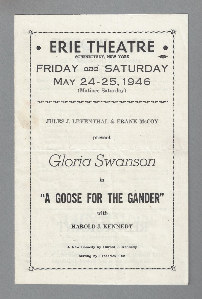 Gloria Swanson "A GOOSE FOR THE GANDER" Carl Lowe 1946 Schenectady Program