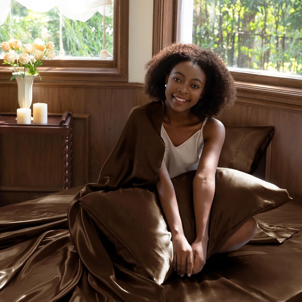 Satin Sheets Full Size - 4 Piece Brown Bed Sheet Set with Silky Microfiber