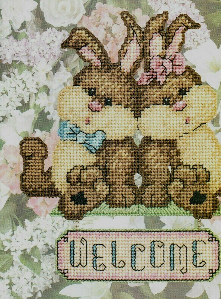 BUNNIES WELCOME SIGN HOME DECOR PLASTIC CANVAS PATTERN INSTRUCTIONS