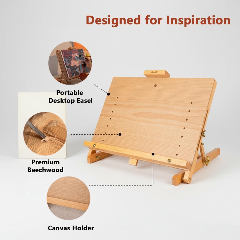 DJAR Tabletop Easel for Painting, Adjustable Solid Beech Wood Table Top Easel St