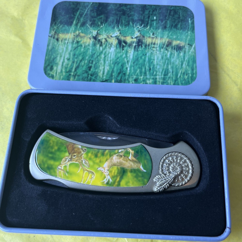 FOLDING POCKETKNIFE LOCKBACK (DEER THEME) in gift tin case (38a)