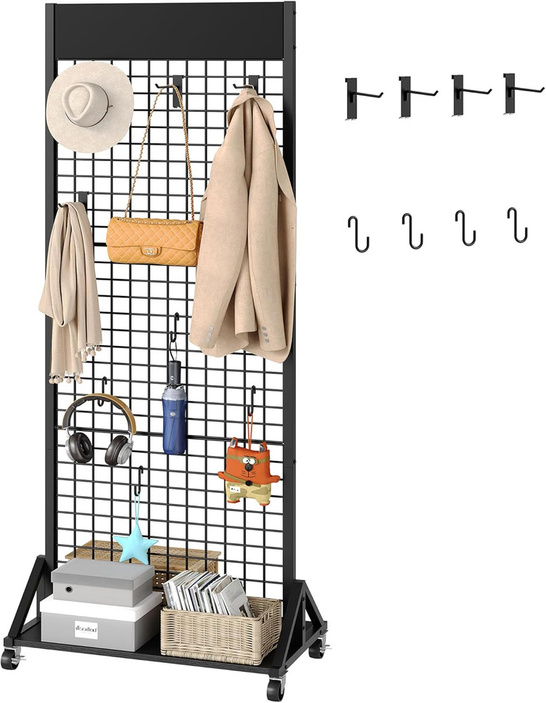 Floor Standing Grid Wall Display Rack with Hooks - Black 2' x 5.7