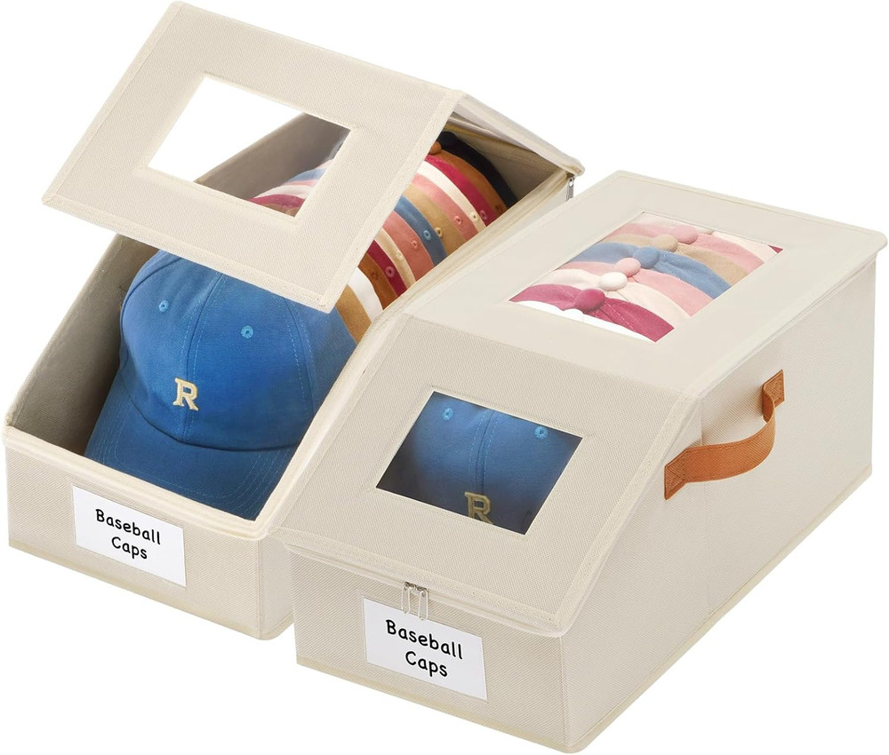2 Pcs Extra Large Hat Organizer & Storage Box for Baseball Cap with Dual Clear W