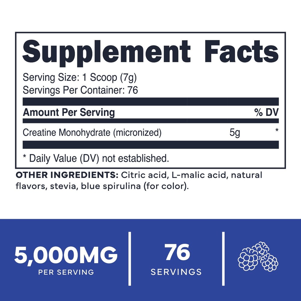 TypeZero Creatine Monohydrate Powder 500 Grams, Blue Raspberry Flavor