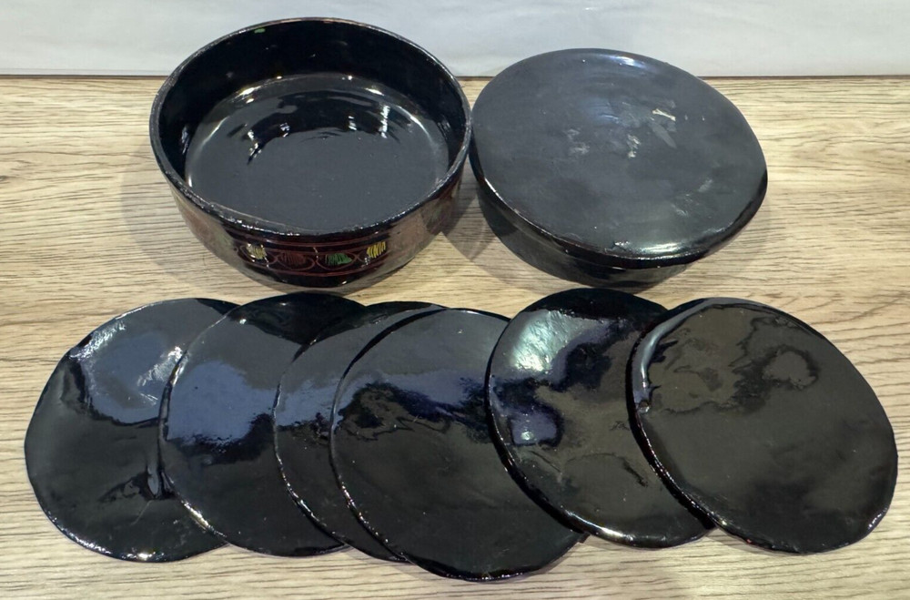 Six Lacquerware Coasters in Round Lacquerware Container