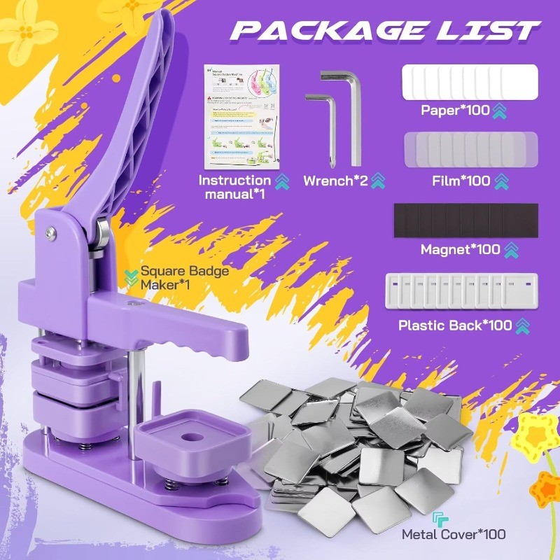 Button Maker Press Machine with 100 Sets Square Badge Making Supplies 2'' x 2''