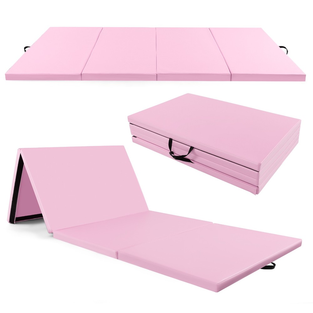 2" 4-Panel Folding Gymnastics Mat with Hook & Loop Fasteners, Handles Pink
