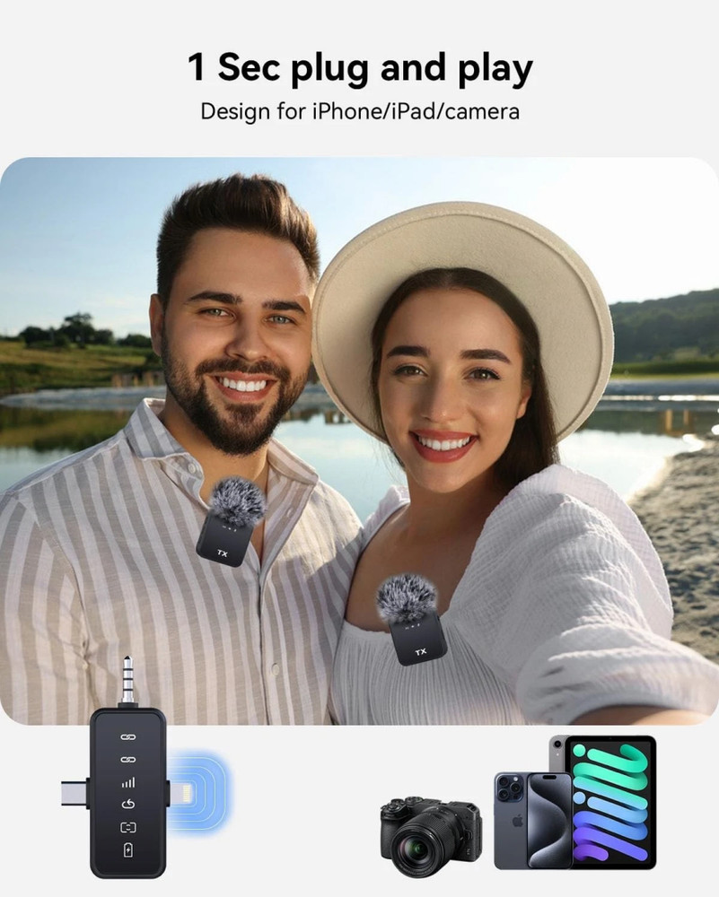 3 in 1 Mini Microphone for iPhone/Android/Camera, Wireless Lavalier Microphone*