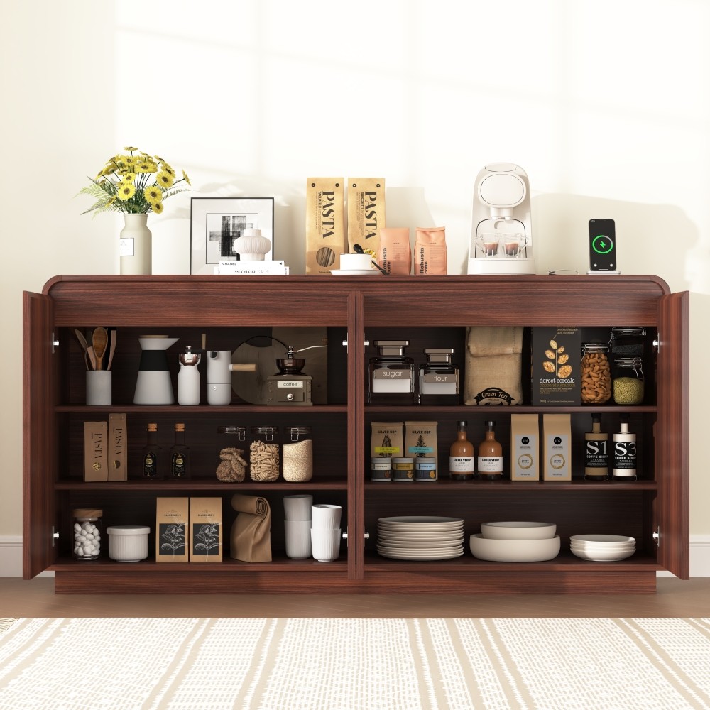 Walnut TV Stand with Power Outlet, Adjustable Storage, Fluted Handleless