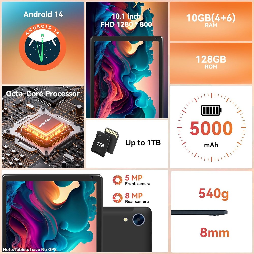 URAO 10.1" Android Tablet with Octa-core Processor 10GB RAM 128GB ROM HD IPS