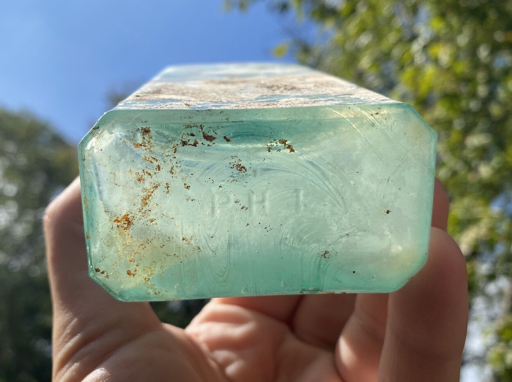 Three In One Oil Co, Blown Aqua Bottle