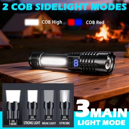 Rechargeable Flashlights 2 Pack with Side Light & Digital Power Display, Black