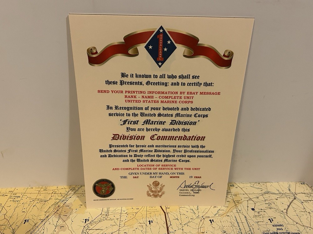 U.S.M.C. / FIRST MARINE DIVISION ~ DIVISION COMMENDATION REPLACEMENT CERTIFICATE
