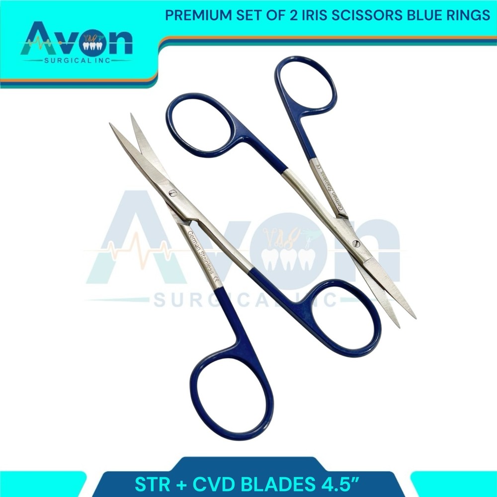 2pcs Premium Dissecting Iris Scissors with Sharp Points, Curved+Straight - 4.5in