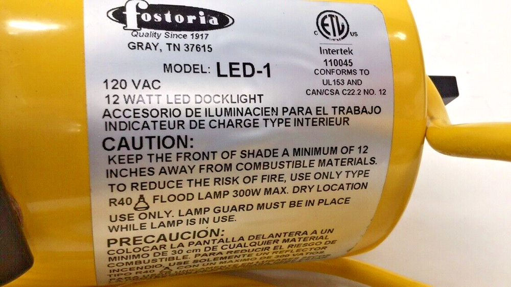 Fostoria LED-1 Dock Light 120V-AC 12W Work Light Head Assembly