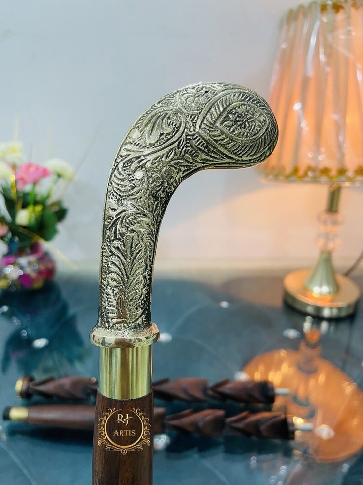 Solid Brass Designer Embossed Head Handle Brown Engraved Wooden Walking Stick