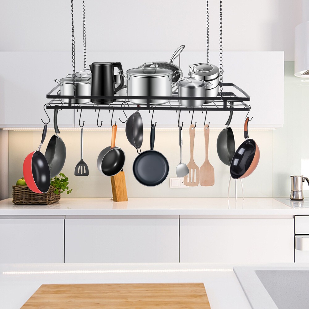 Modern Hanging Pot Holder Pan Hanger Kitchen Ceiling Rack with 12 Hooks Black