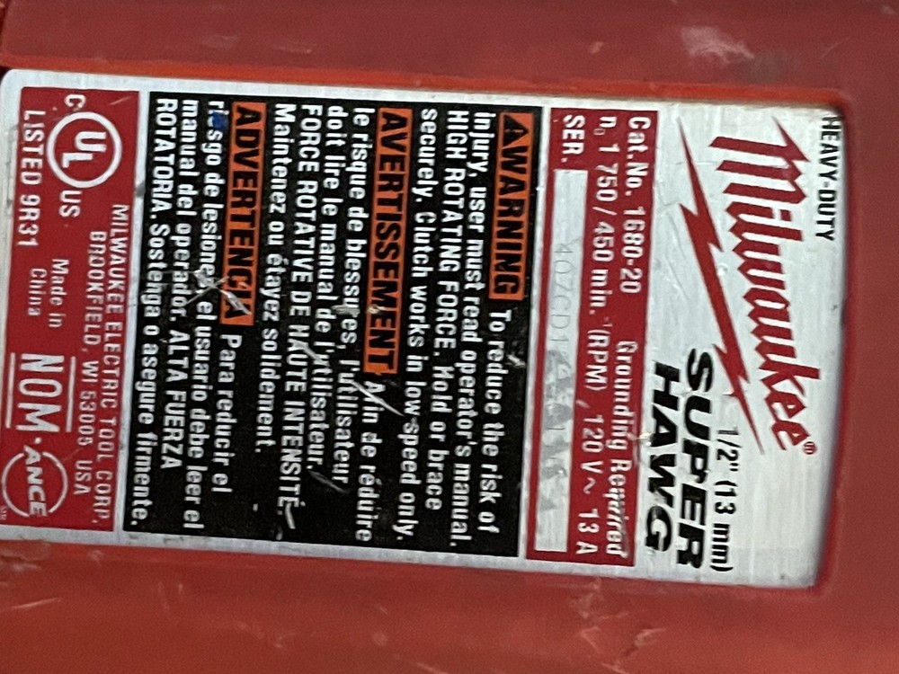 Milwaukee Super Hawg 13 Amp Right Angle Driver Corded