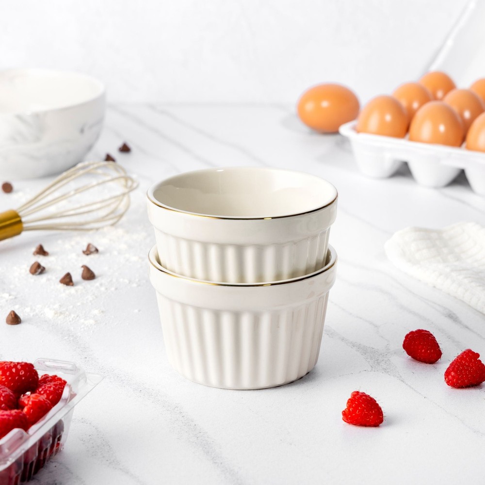 2-Piece White Ribbed Ramekin Set for Baking and Serving