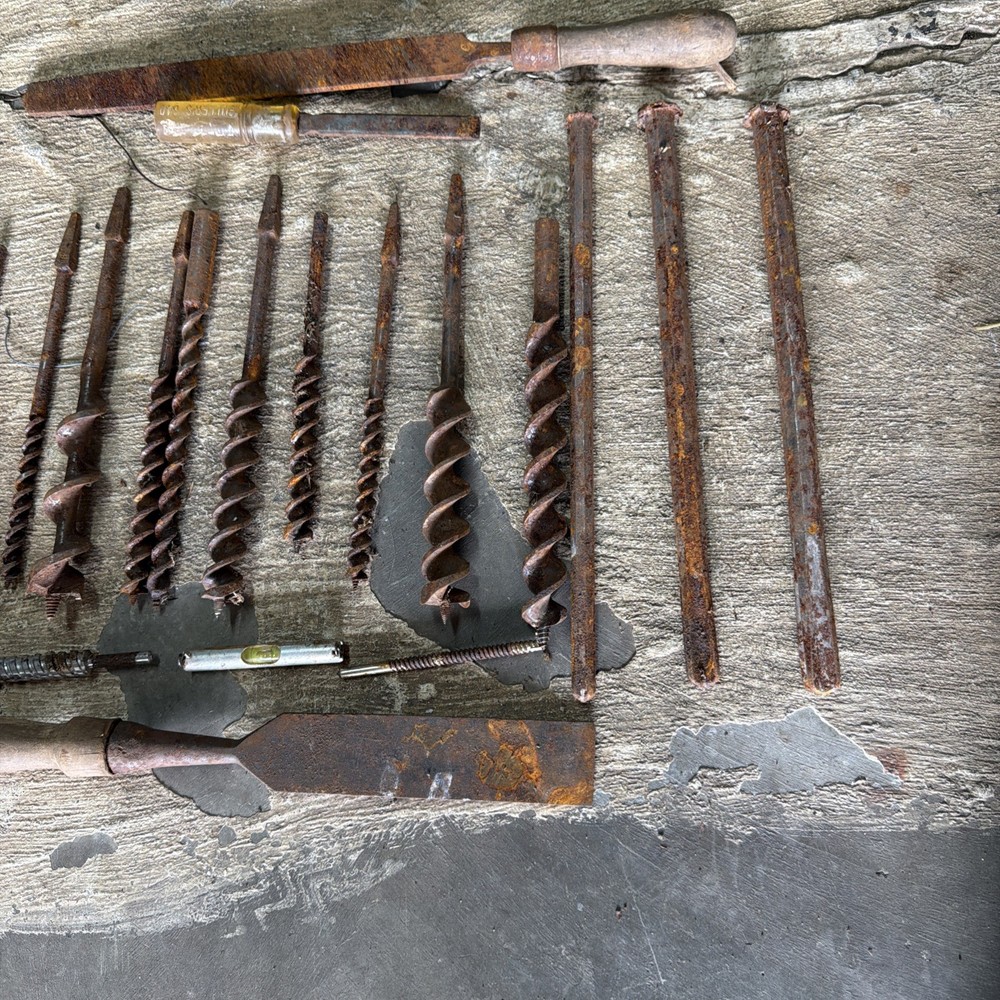 Vintage Antique Tool Mixed Auger Bit , Drill Bits , Wood Handle Tools , Level &?