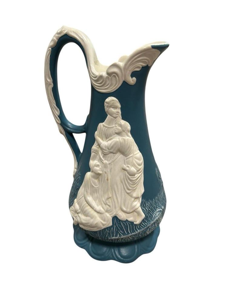 Barbara Taranto Blue Jasperware-Style Relief Pitcher Signed 6.75” Vintage