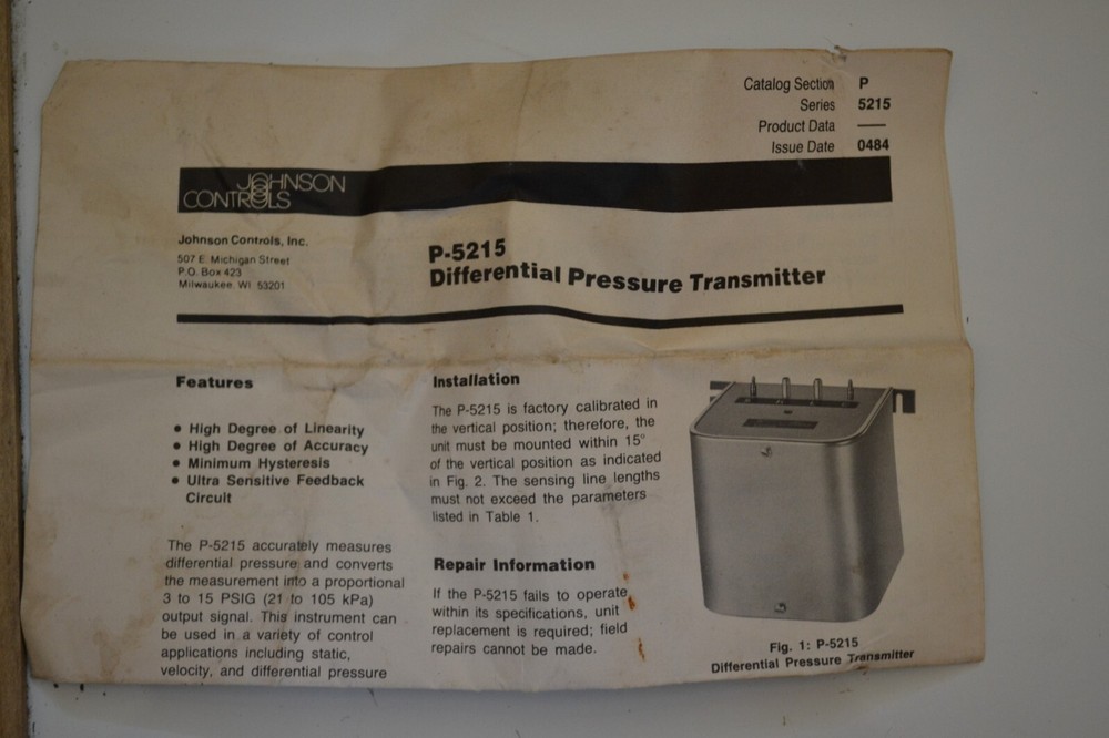 Johnson Controls P-5215-9 Differential Pressure Transmitter