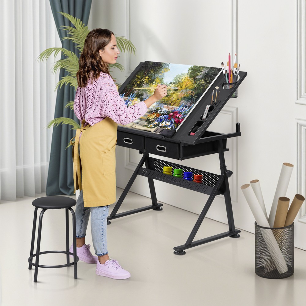 Drafting Table Adjustable Drawing Artist Desk Tilted Tabletop w/2 Drawers Stool