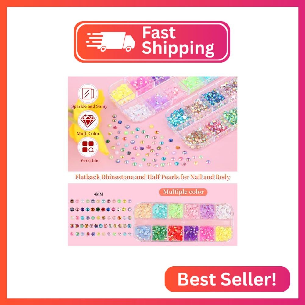 5 Boxes 3000pcs Sparkling Crystal Nail Rhinestones Pearls Kit, Flatback Multicol