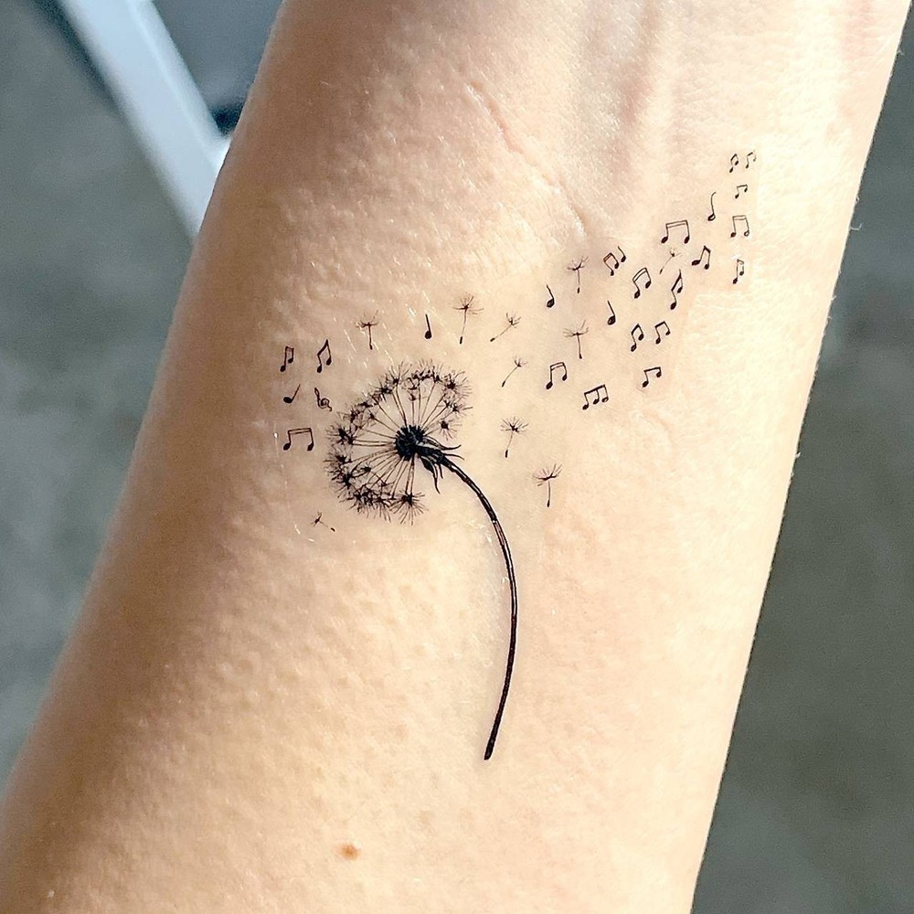 Temporary tattoo sheet Flying Notes Dandelions, Tiny Black Dandelion Tattoos