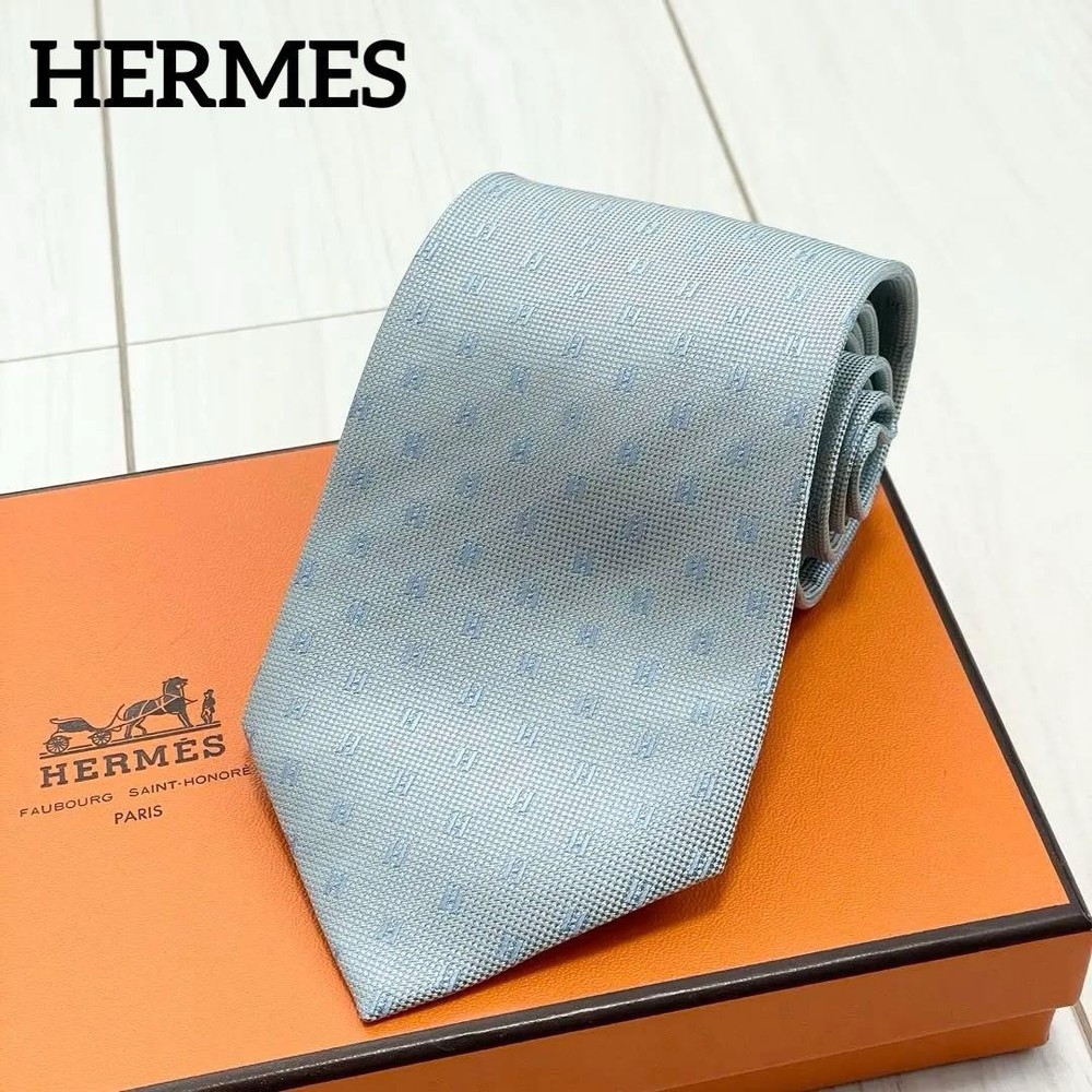 HERMES Tie Fasone H Pattern H Weave Blue White