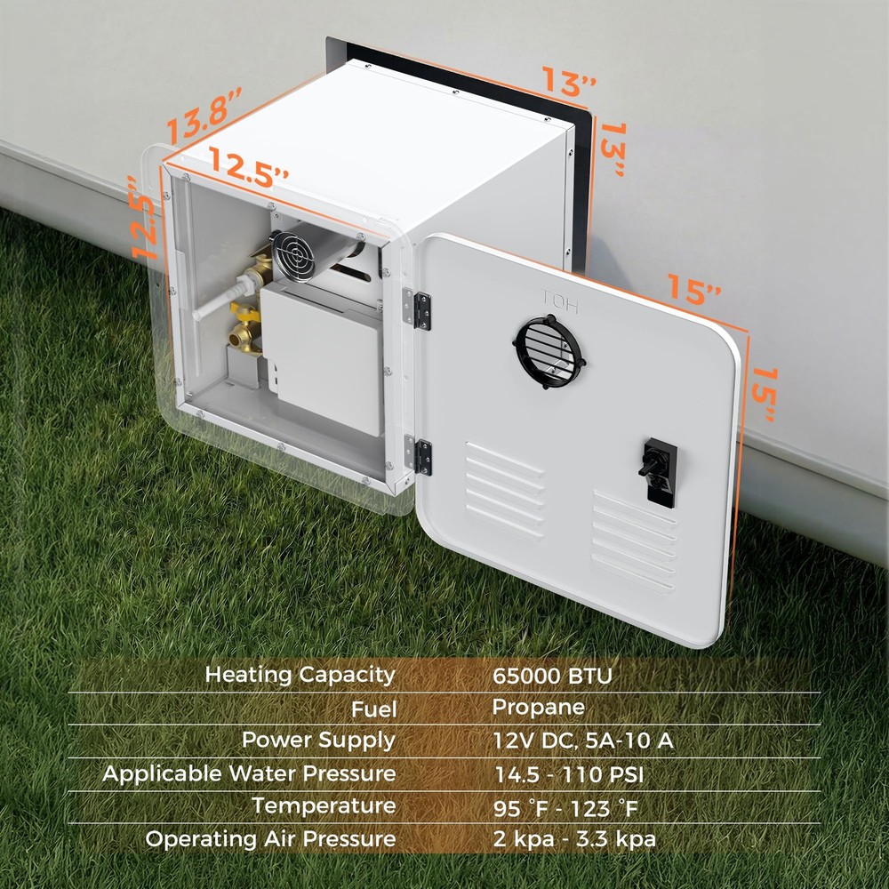 65000BTU RV Tankless Water Heater with 15x15 Inch White Door, 3.9GPM, 12V DC