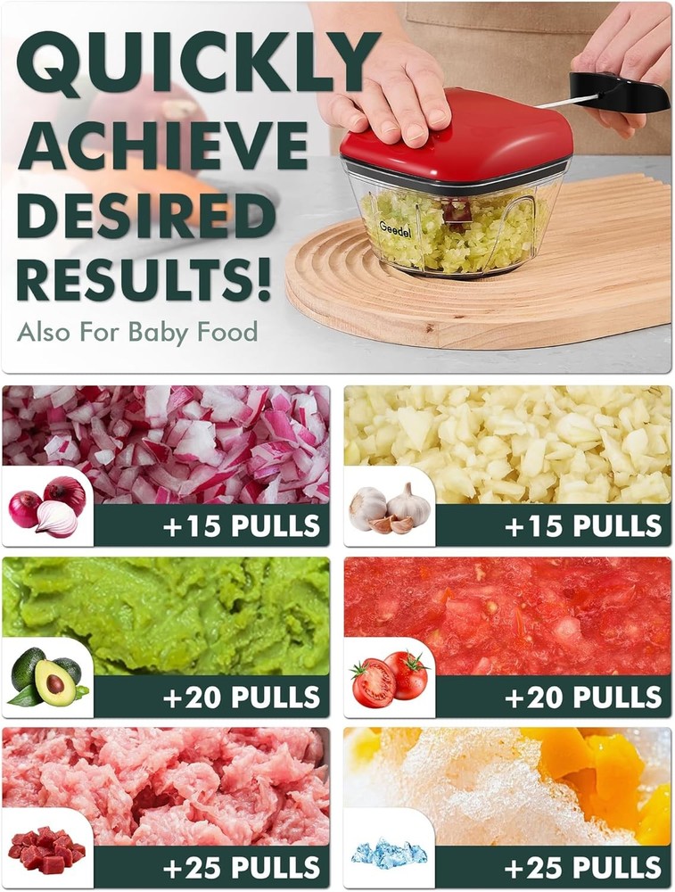 Manual Food Processor Vegetable Cutter, Geedel Pull Chopper with String, Food Ch