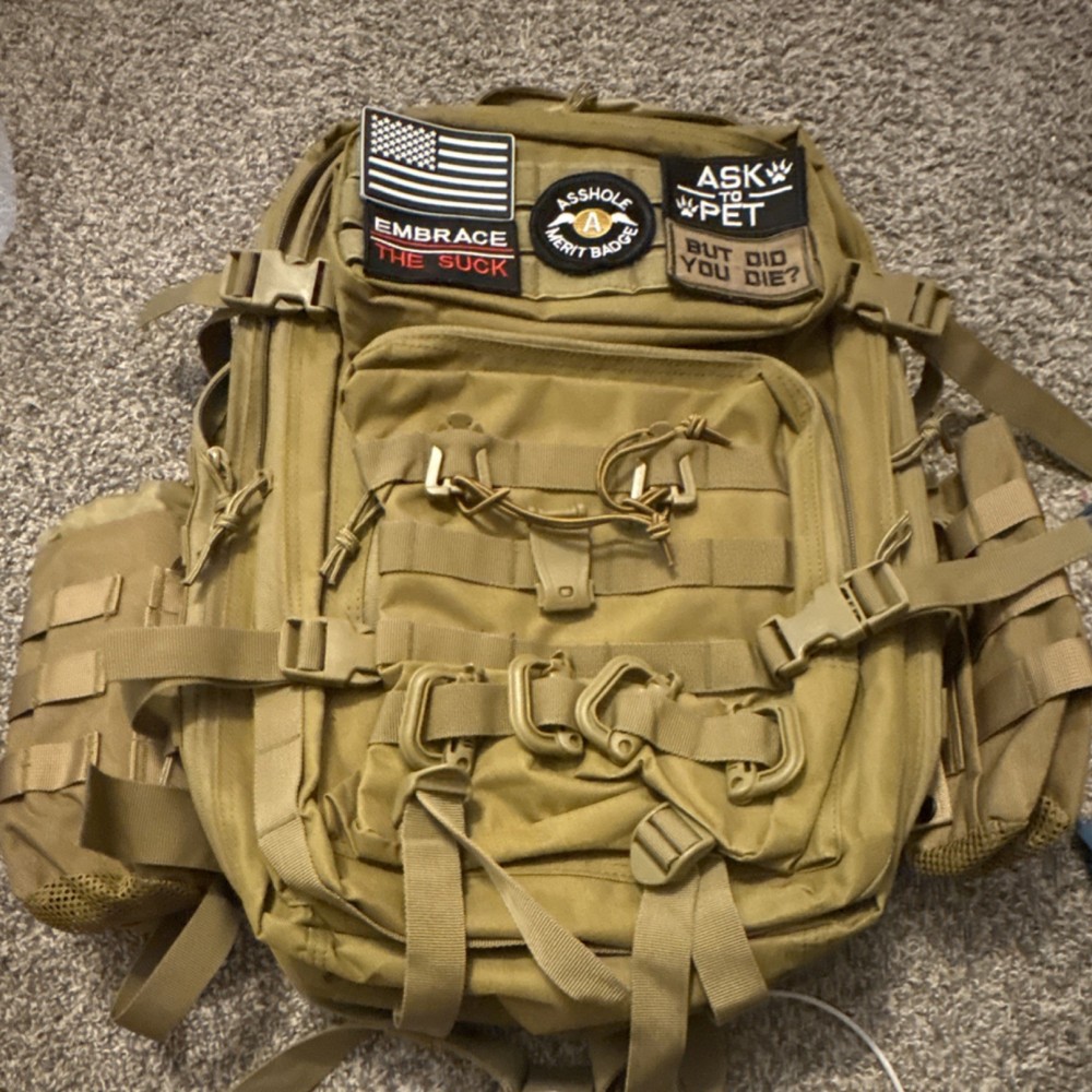 Tan Large Tactical Backpack Nylon MOLLE Straps Patches External Pockets