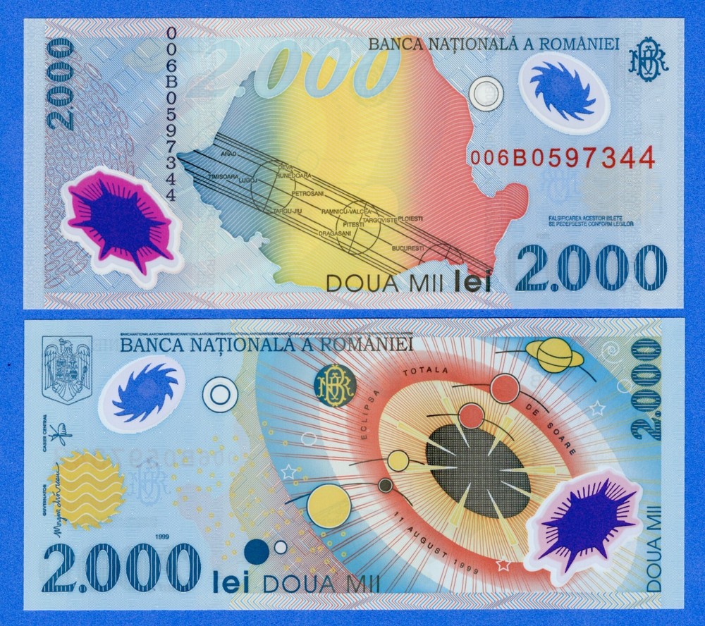 Romania 2000 Lei  1999  P-111b UNC Polymer Banknote - Solar Eclipse