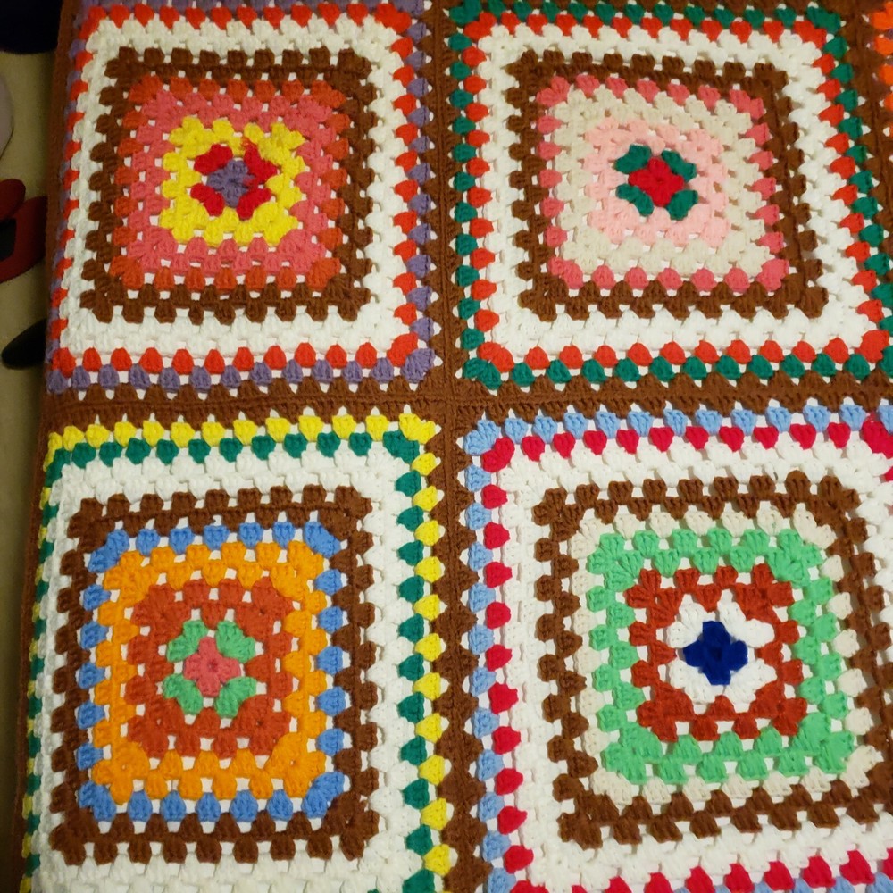 Hand Made Granny Square Afghan Bedspread Blanket Multi Colored Background 64x77