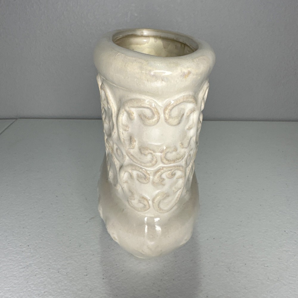 MCM Pottery Ceramic Planter Oval Off White Glazed Scroll Leaf Design Shabby Chic