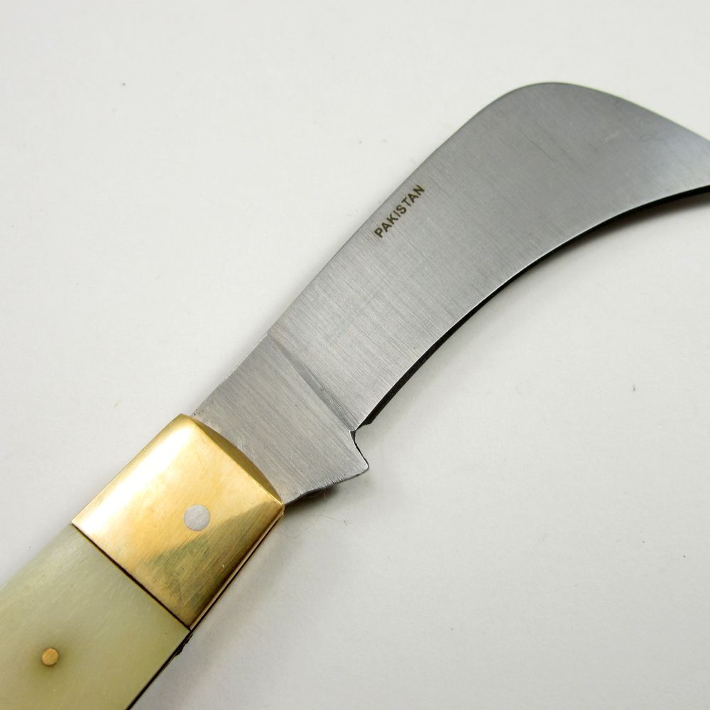 FOLDING POCKET KNIFE | 4" Rite Edge Hawkbill Blade White Bone + Brass Handle