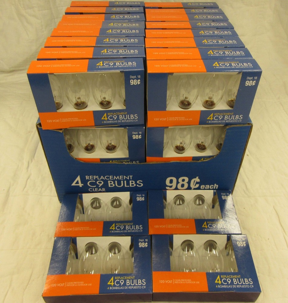4 clear replacement C-9 bulbs. Intermediate base. 120 volt. 52 packs available.