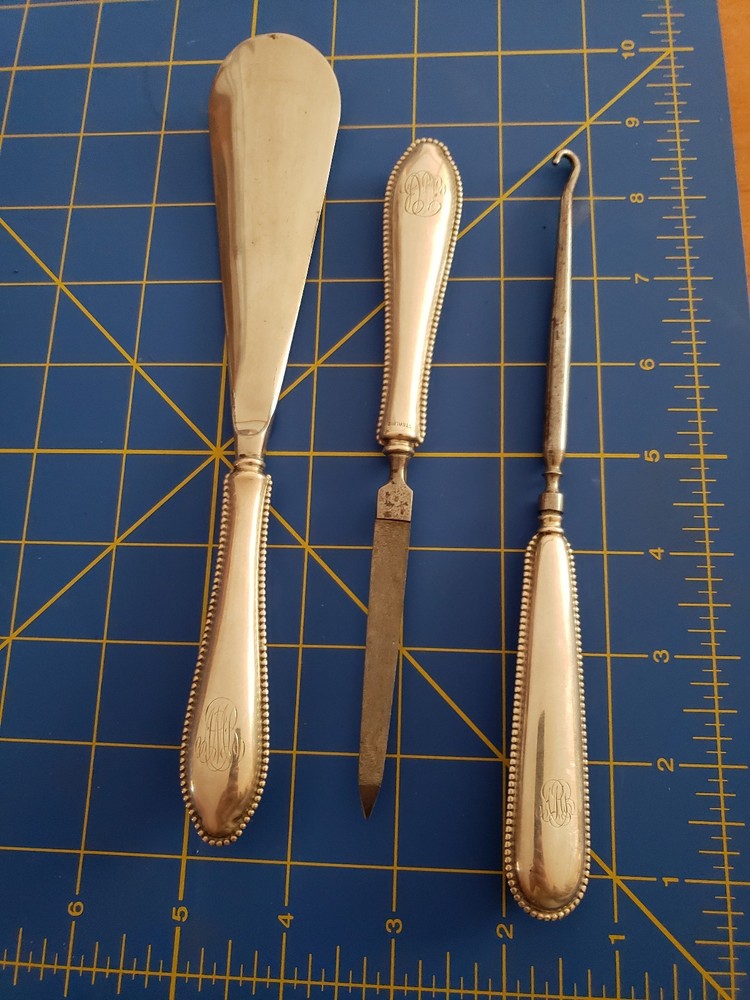 3 Piece Sterling Silver Vanity Set - Shoe Horn Nail File & Button Hook MONOGRAM