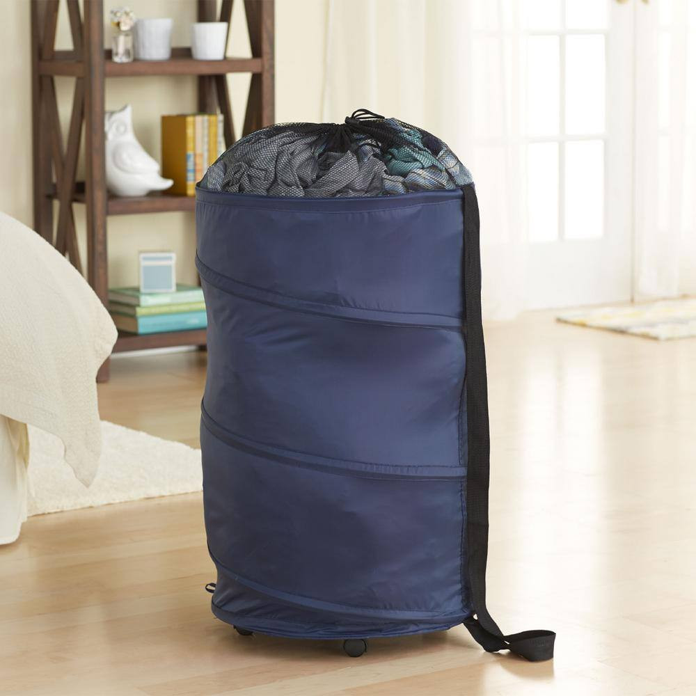 Pop up Polyester Laundry Hamper with Wheels in Navy Blue