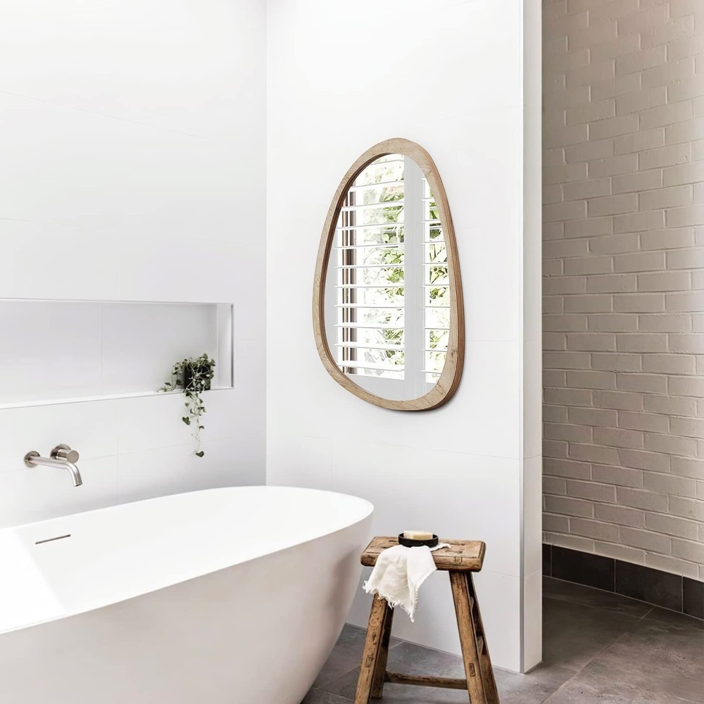 Irregular Mirror for Decor,Wood Frame Asymmetrical Wall-Mounted Mirror, Large...