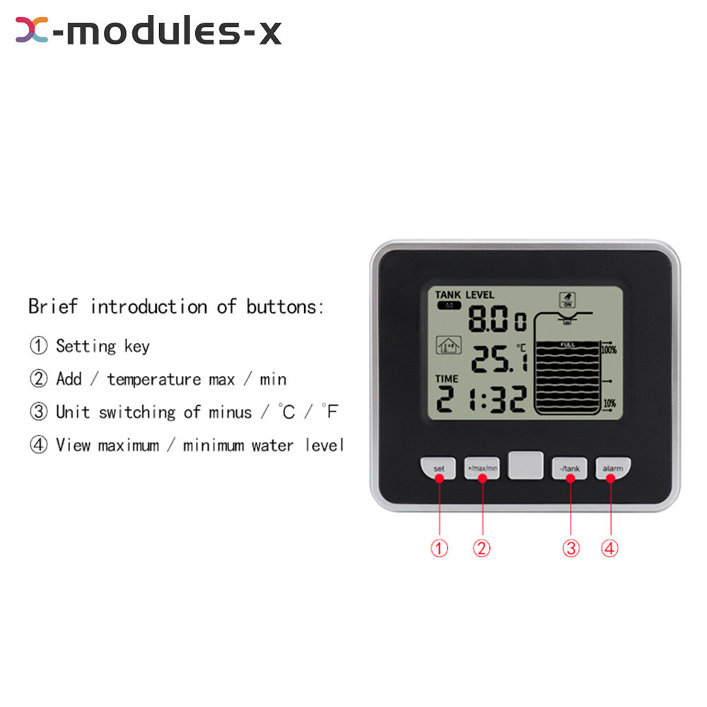FT002 Ultrasonic Water Tank Liquid Level Meter + Temperature Sensor Time Display