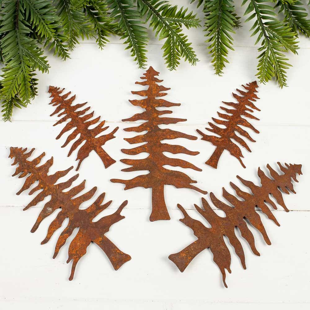 Bulk Package of 30 Assorted Sized Rusty Tin Pine Tree Cutouts