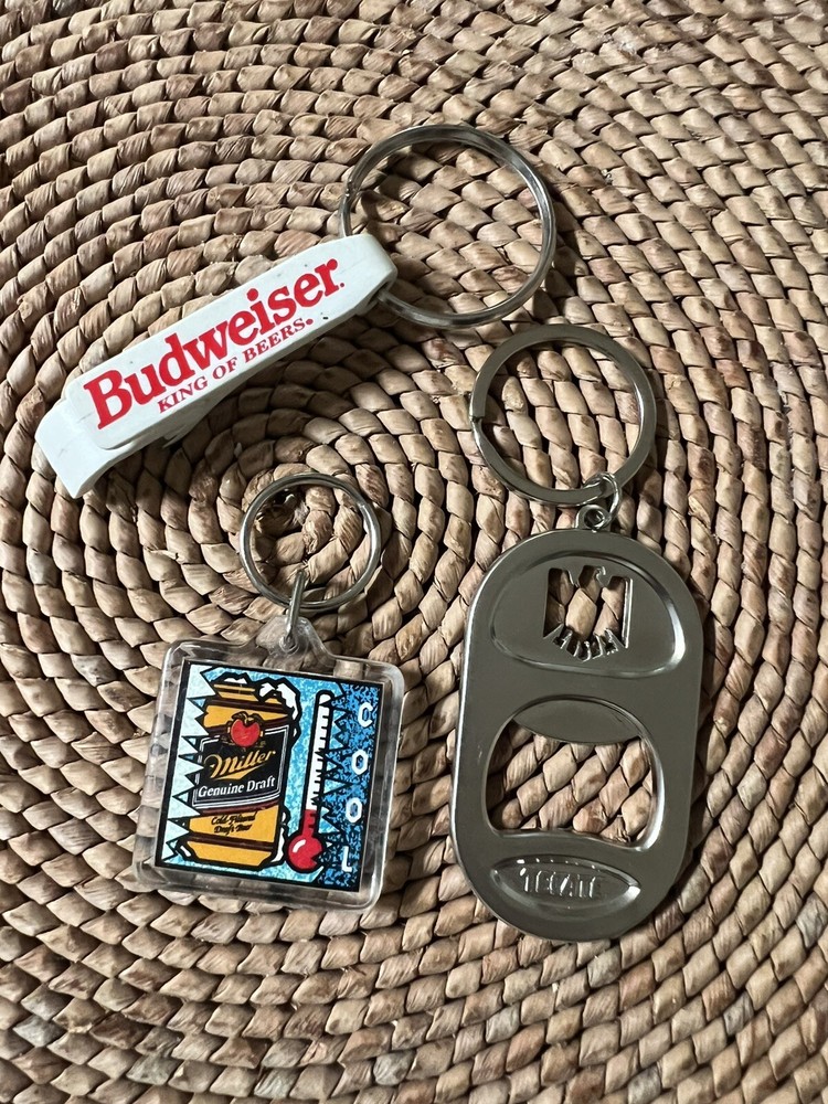3 BEER KEY CHAINS - Vintage Budweiser/ Miller Genuine Draft & Tecate