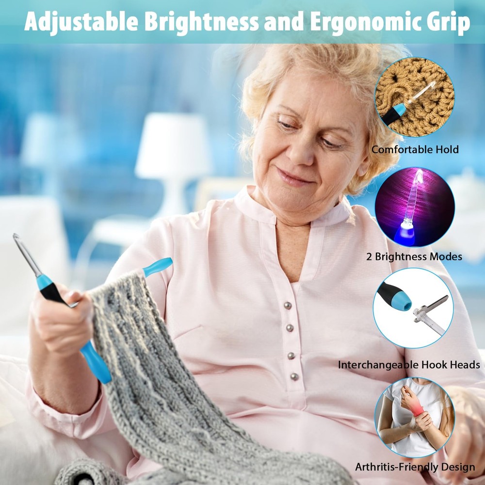 Light Up Crochet Hook Set - 11 in 1 Lighted Crochet Hook Set for Beginners, E...