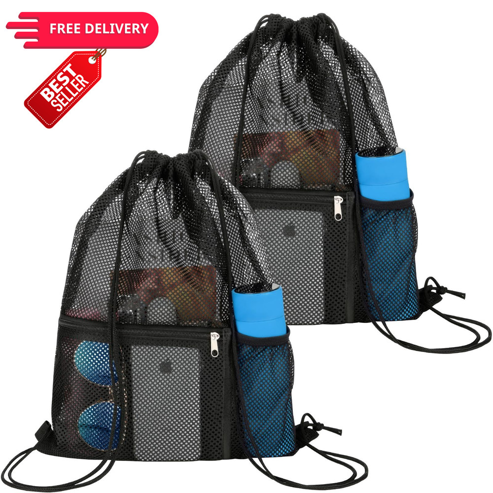 NATURAL STYLE 2 PACK Mesh Drawstring Backpack Bag, Multifunction Large, Black