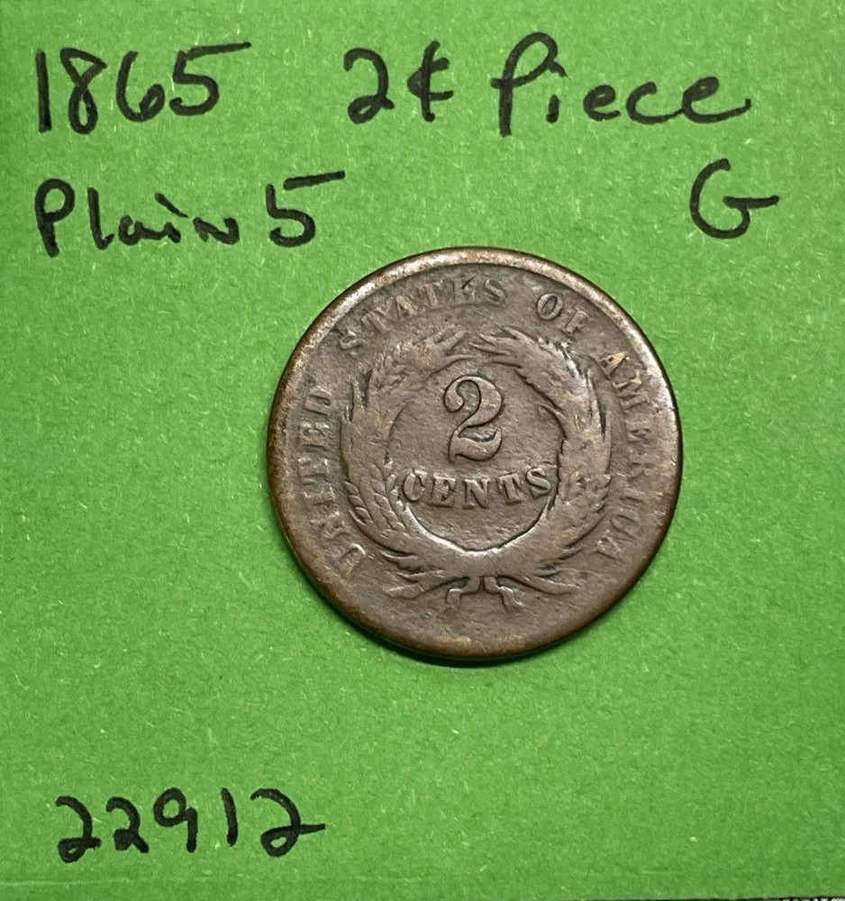 1865 Two Cent Piece G Good 2c Plain 5 US Type Coin