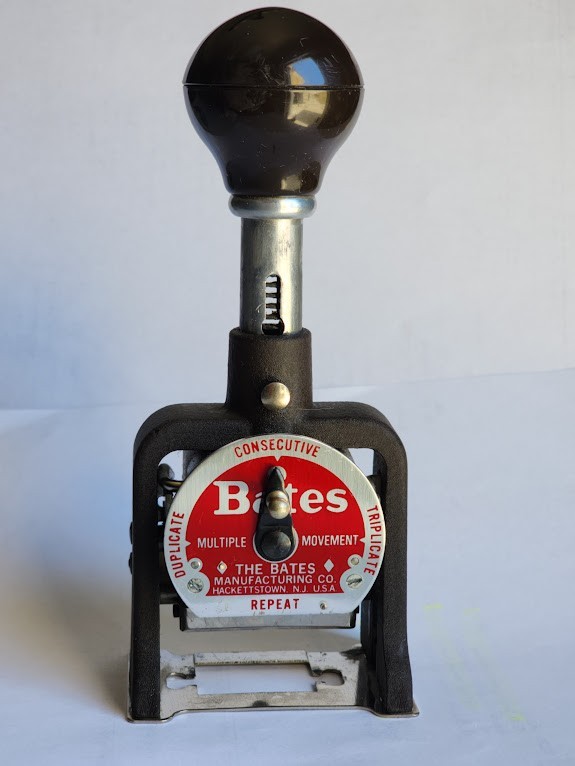 Vintage Bates Numbering Ink Stamp. Consecutive Repeat Duplicate Triplicate stamp