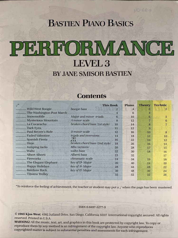 WP213 - Bastien Piano Basics - Performance Level 3 -
